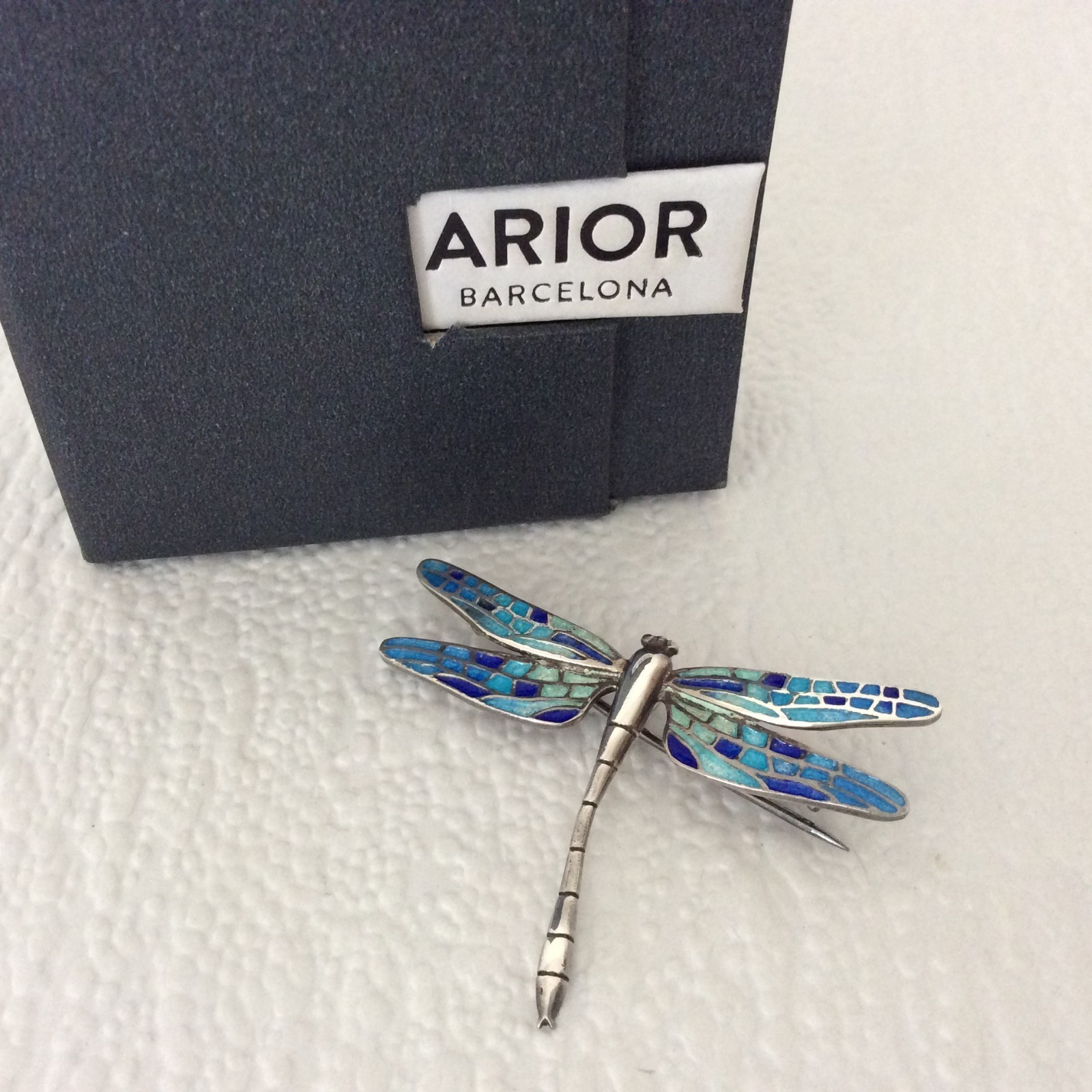 Arior dragonfly brooch pendant – Silver – Enamel Blue Mosaic – 5cm/2in – Boxed