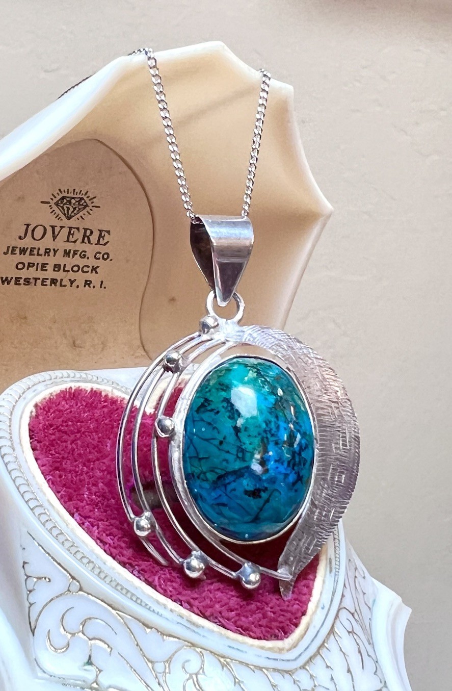 Beautiful Vintage Artisan/Studio Ornate Sterling Silver & Chrysocolla Necklace