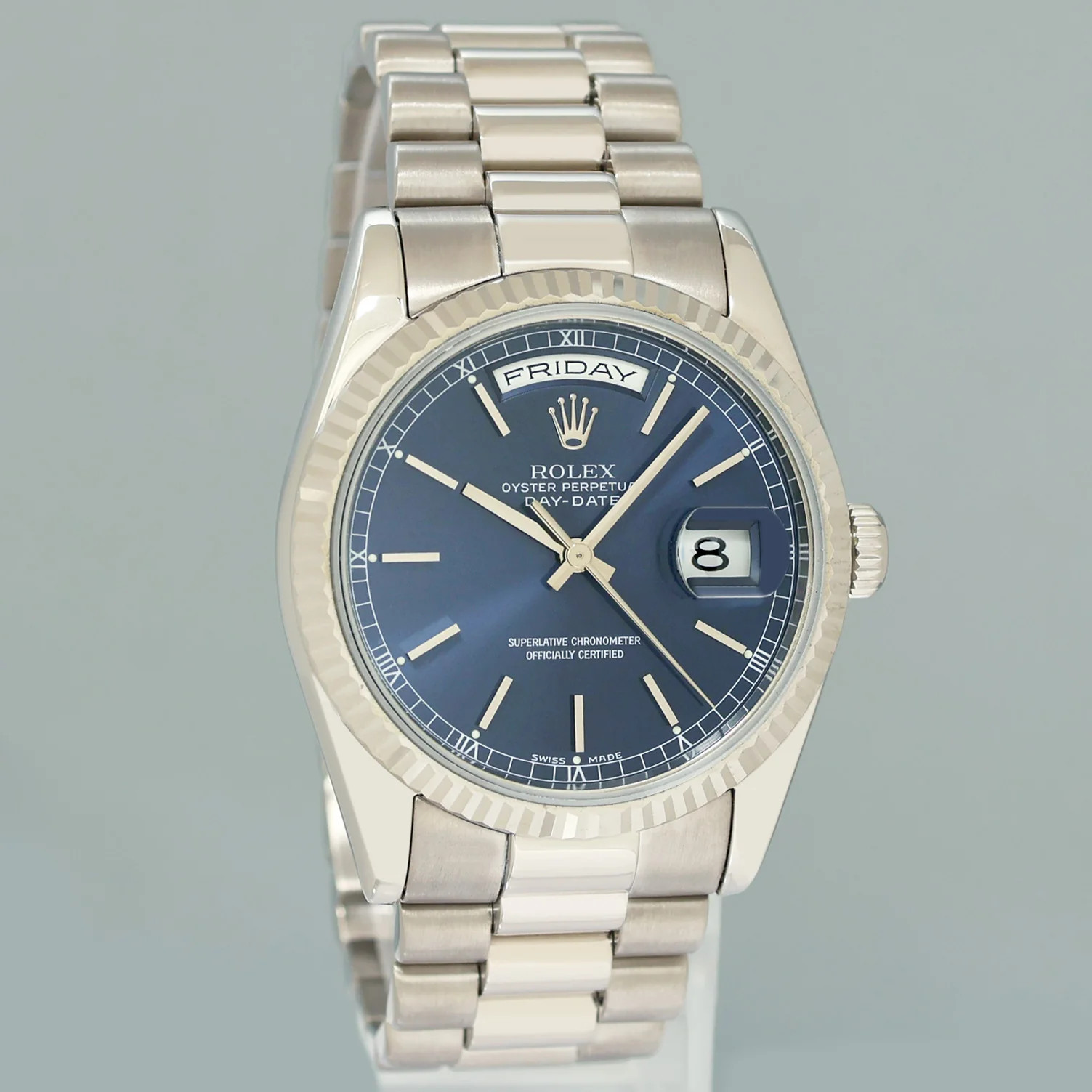MINT Rolex President Day Date 118209 Blue Stick White Gold 36mm President Watch