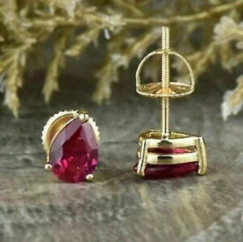 2ct Pear Cut Lab Created Ruby Pink Women Stud Earring 14K Yellow Gold Plated