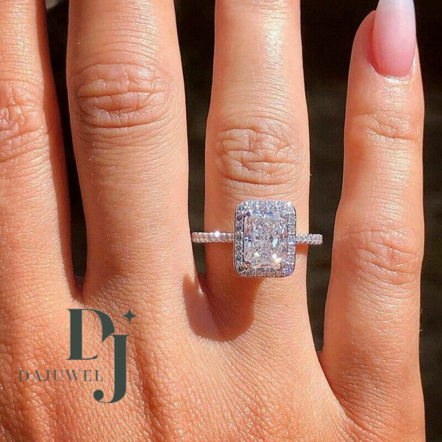 3 Carat Radiant Cut Moissanite Halo Wedding Engagement Ring Solid 14K White Gold