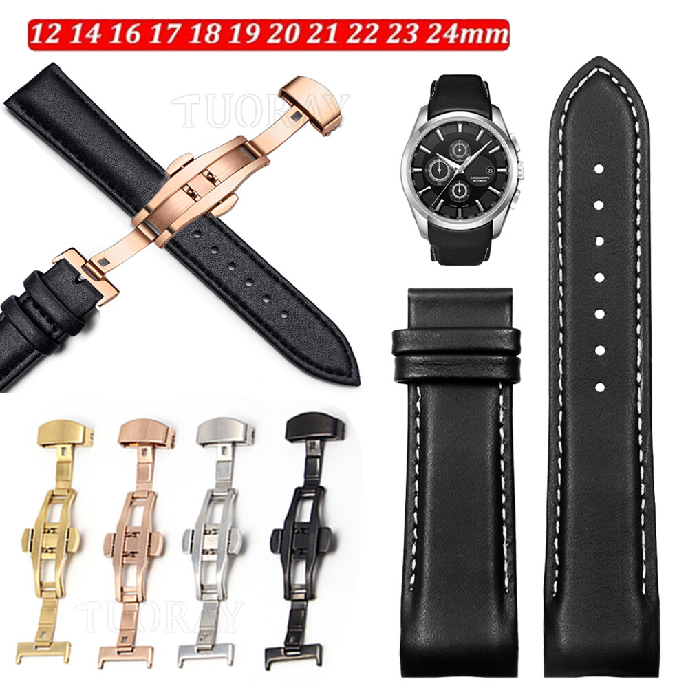 Retro Leather 14mm-24mm Wrist Watch Band Strap Butterfly Buckle Deployment Clasp