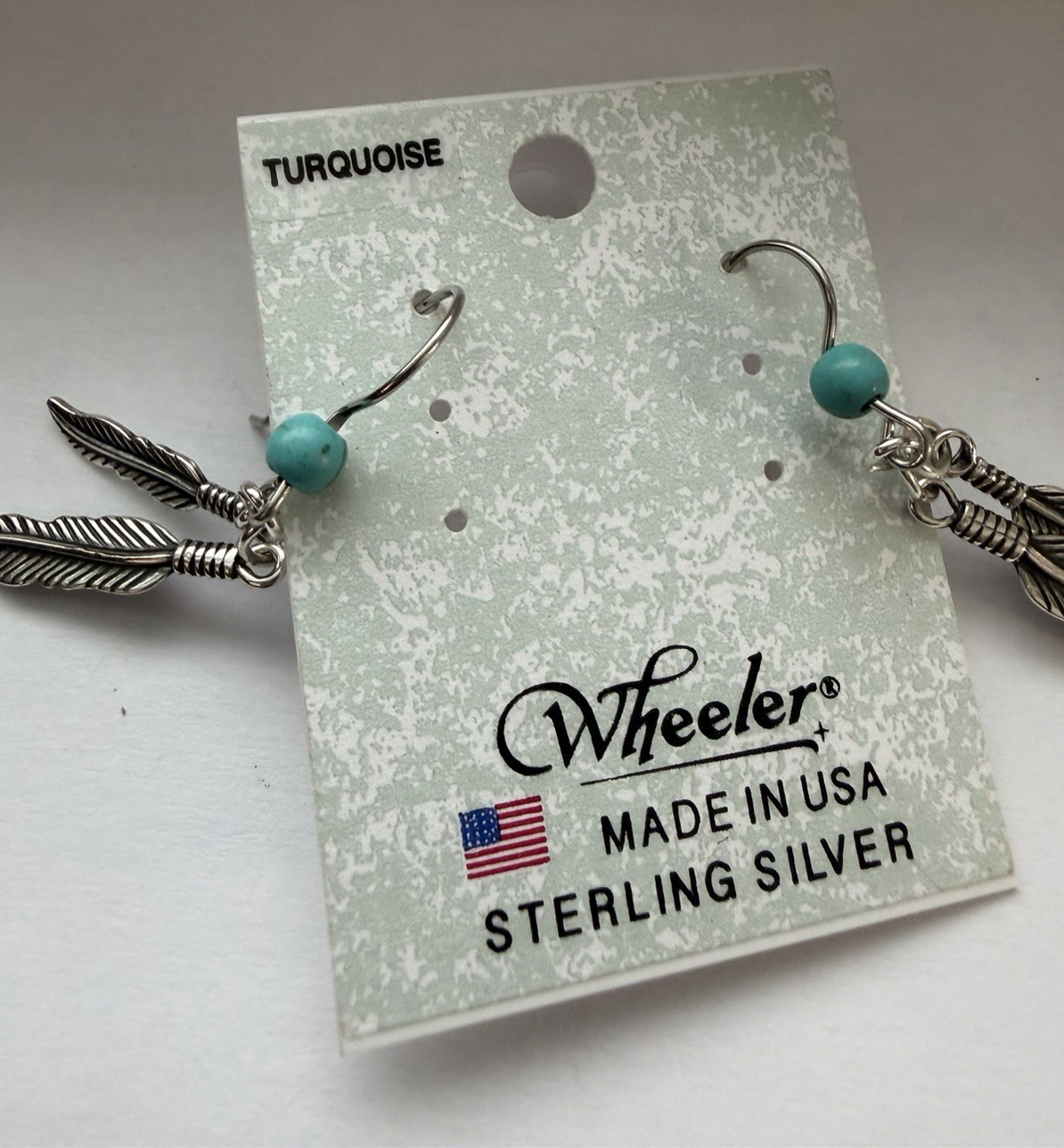 Vintage Wheeler Mfg Turquoise Sterling Silver 925 Feather Dangle Earrings