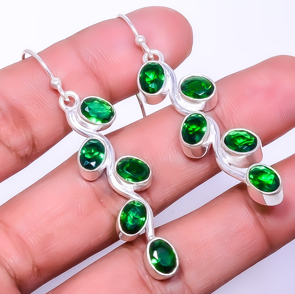 Emerald Quartz (Simulated) 925 Sterling Silver Handmade Earring 2.15″ A339