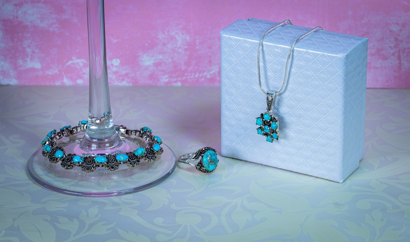 3Pc Jewelry Set for Women Ring Bracelet Necklace CZ Rhodium Persian Turquoise