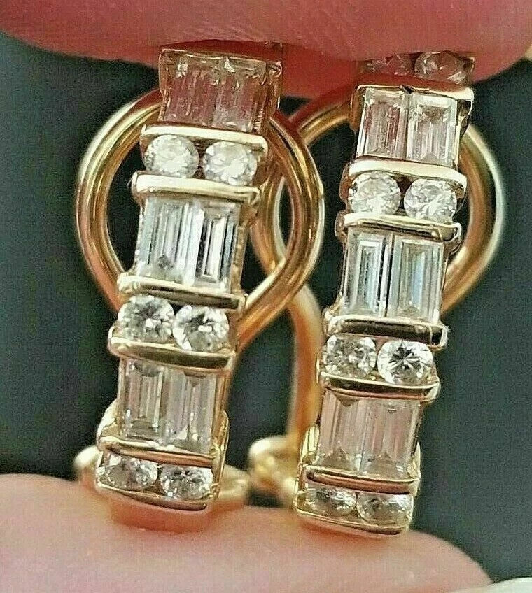 2Ct Lab Created Diamond Baguette Omega Back Hoop Earrings 14K Yellow Gold Finish