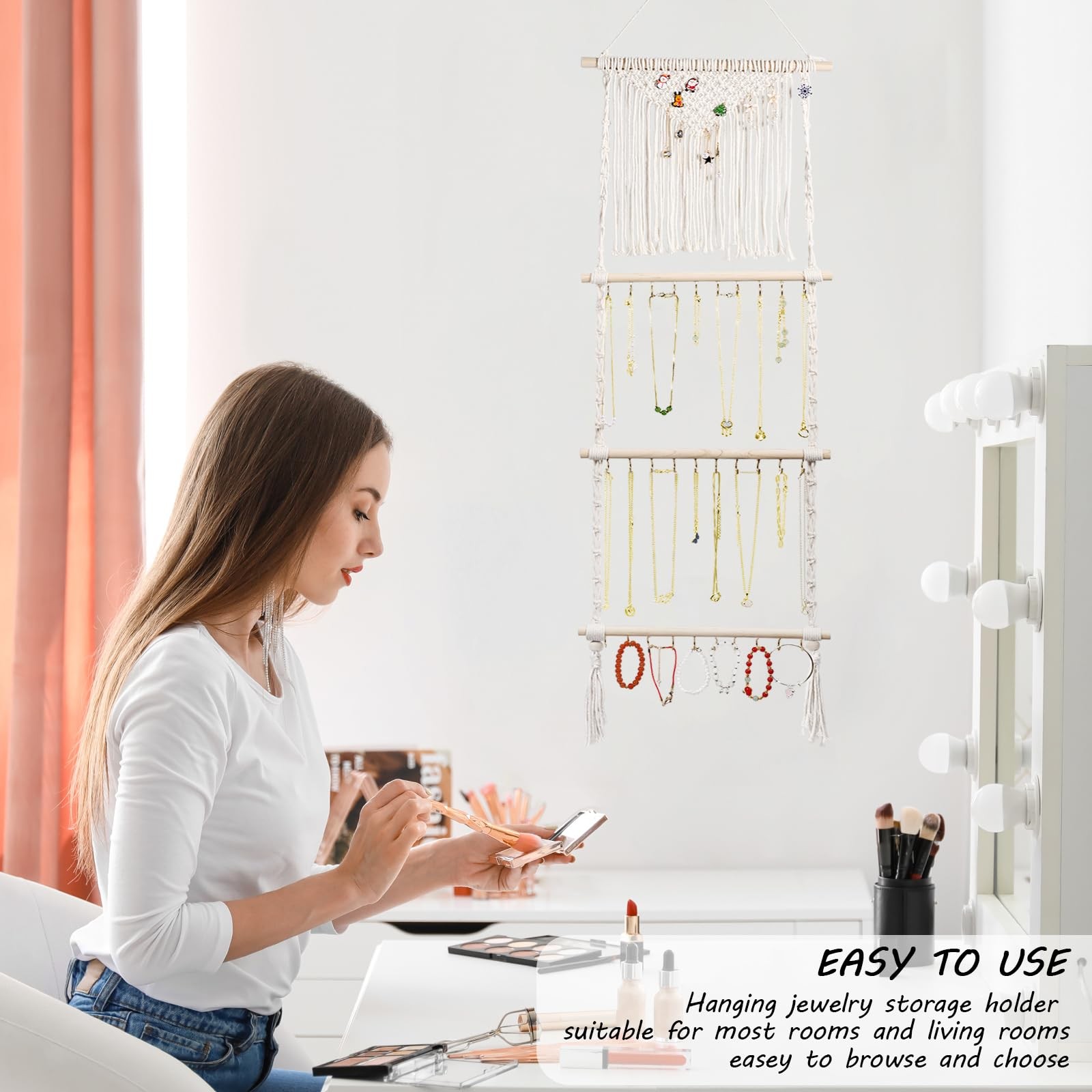 Hanging Jewelry Organizer, Boho Macrame Necklace Hanger Wall Mounted with 30 …