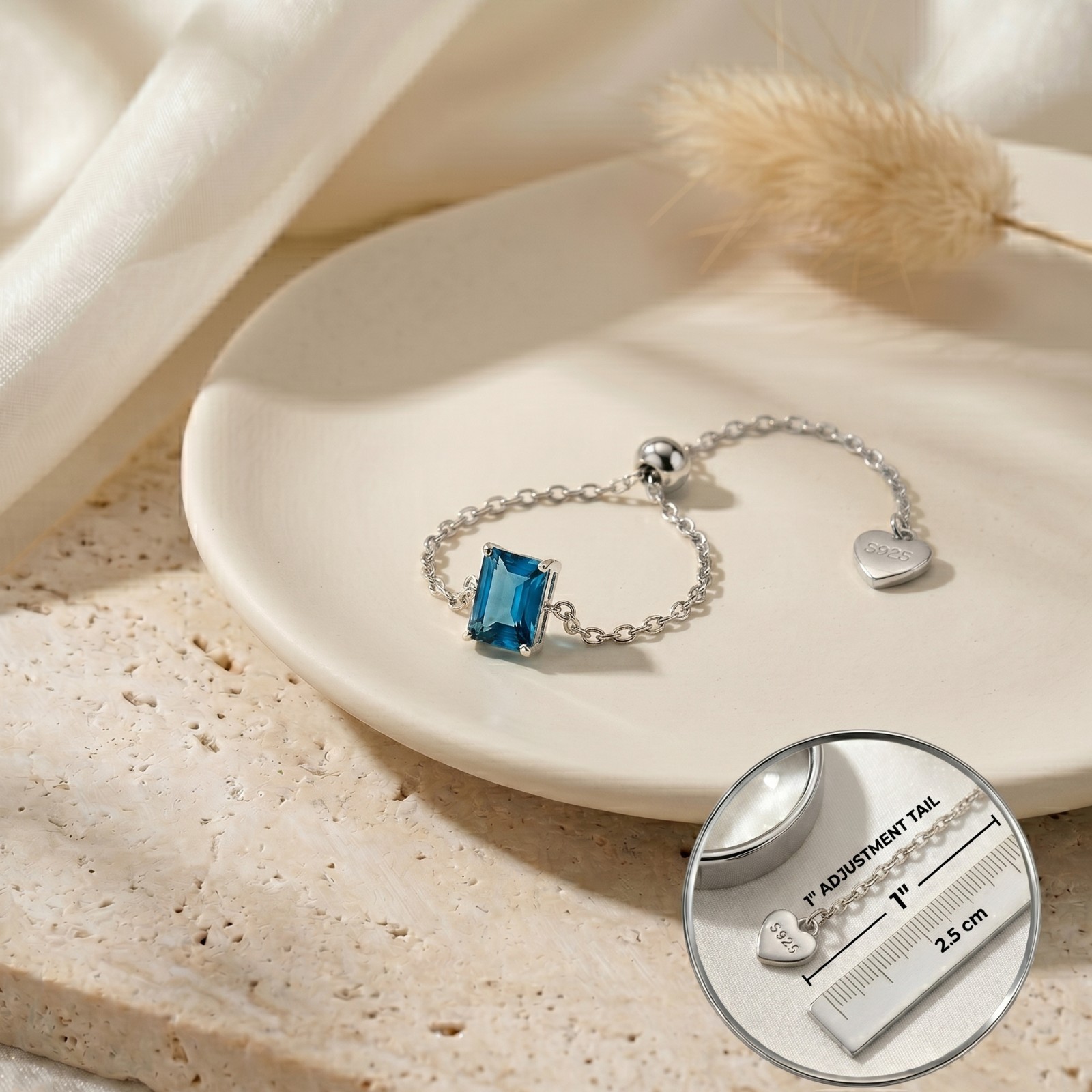 Sterling Silver 925 Blue Topaz Gemstone Slider Chain Ring Adjustable Gift