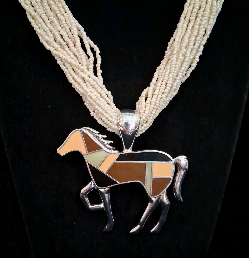 Native Amer. Multicolor Inlay Enamel Horse Pendant On A Multistrand Beaded Chain
