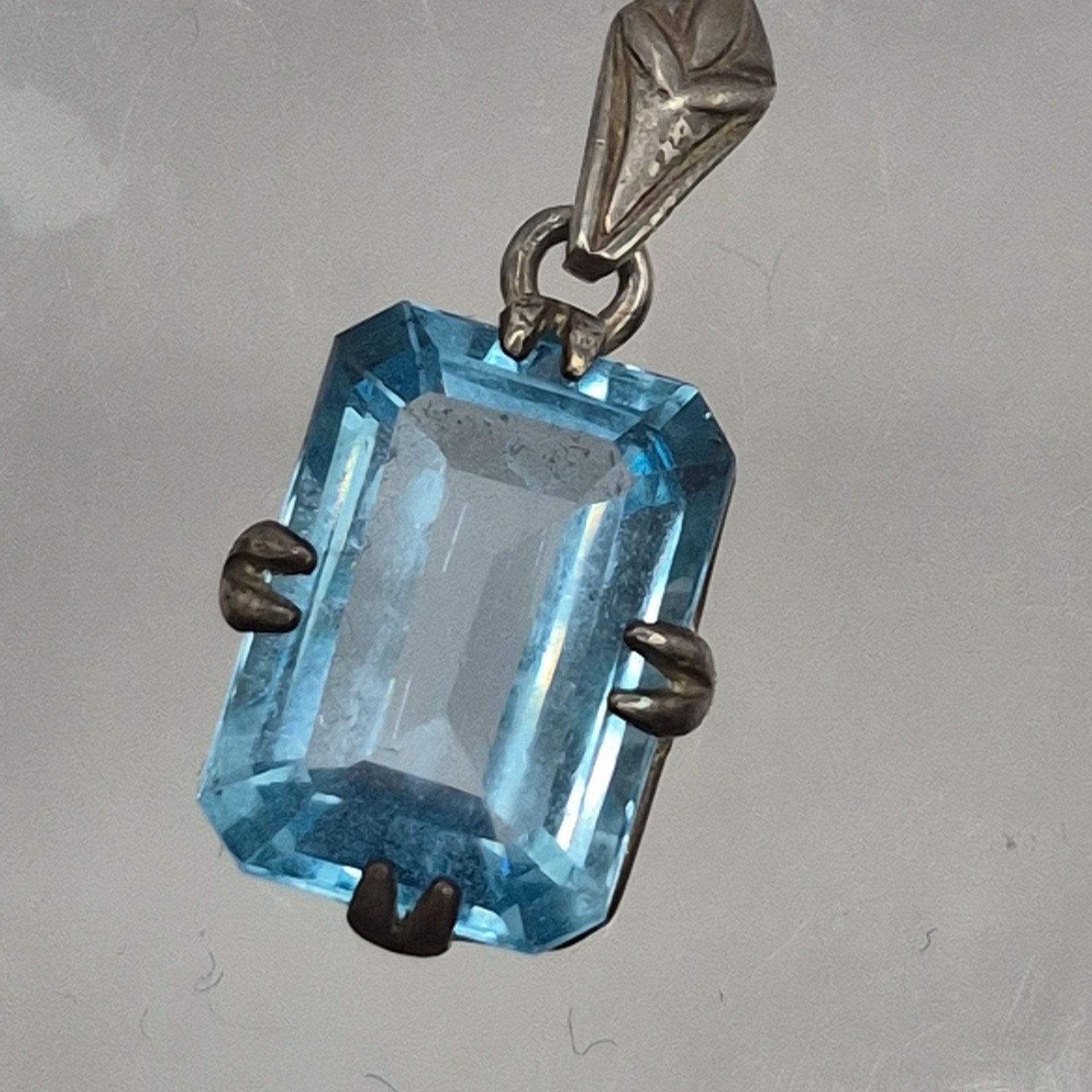 Modern Sterling Silver 925 CNA Blue Glass Emerald Cut Small Pendant Filigree