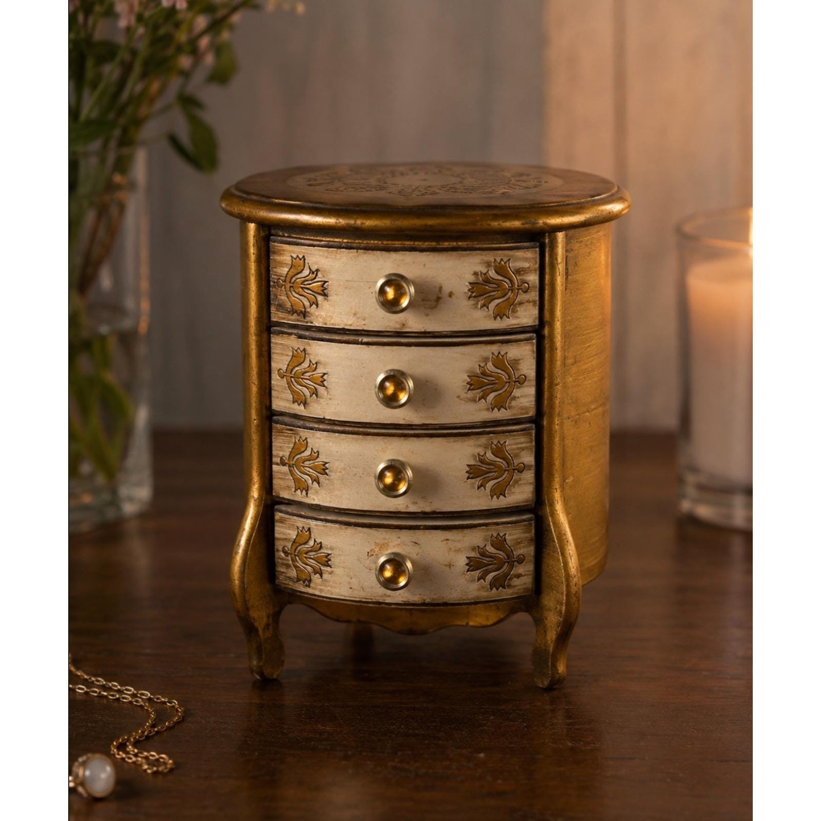 Vintage Style Gold Musical Jewelry Box Miniature Chest Ornate Floral Design