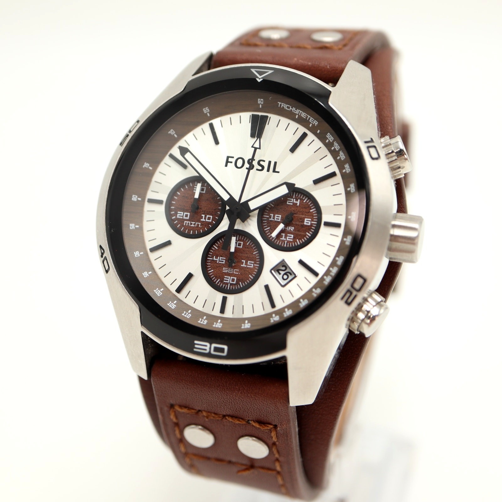 Fossil Coachman Mens Brown 45mm Watch Wood Grain Subs Leather Cuff w New Battery