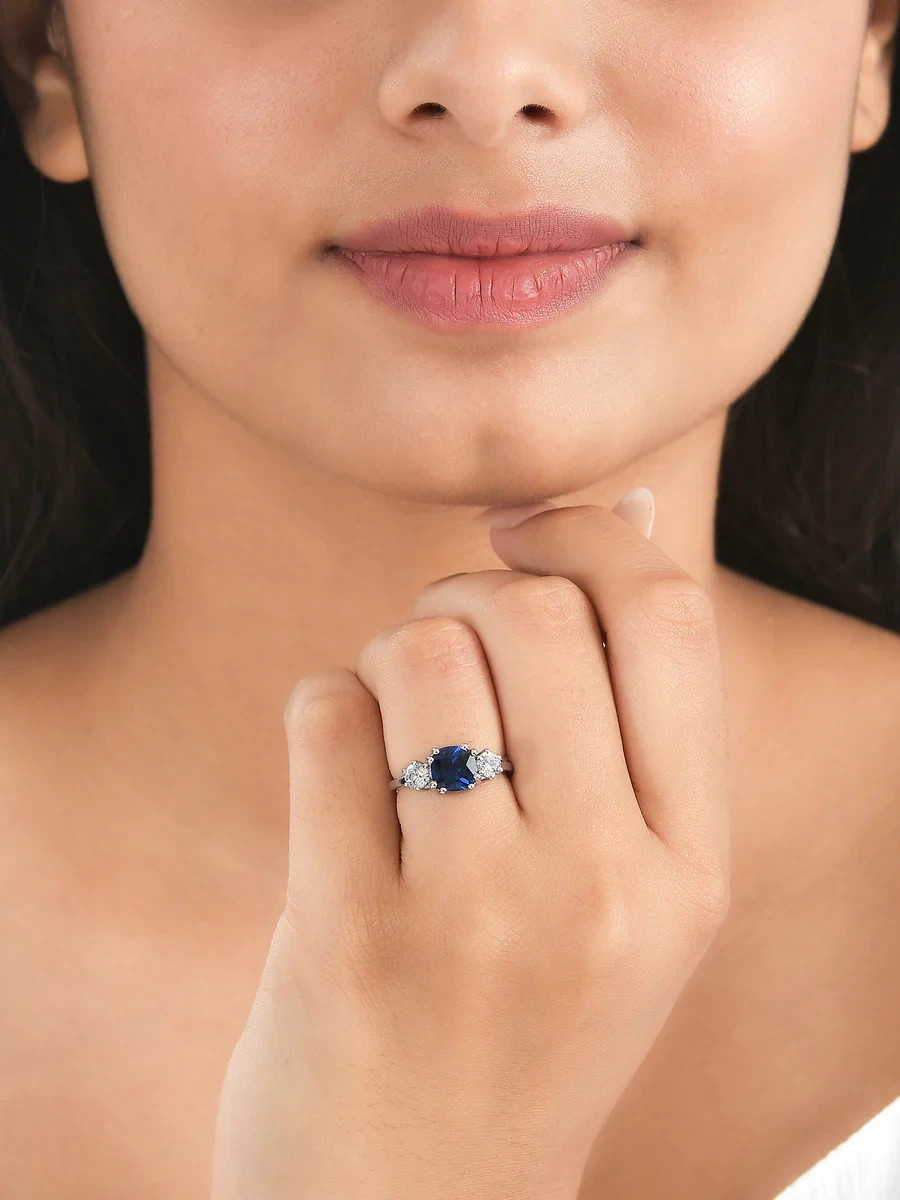 2.50 Ct Cushion Natural Sapphire & Diamond Wedding Ring 14K White Gold Size 5