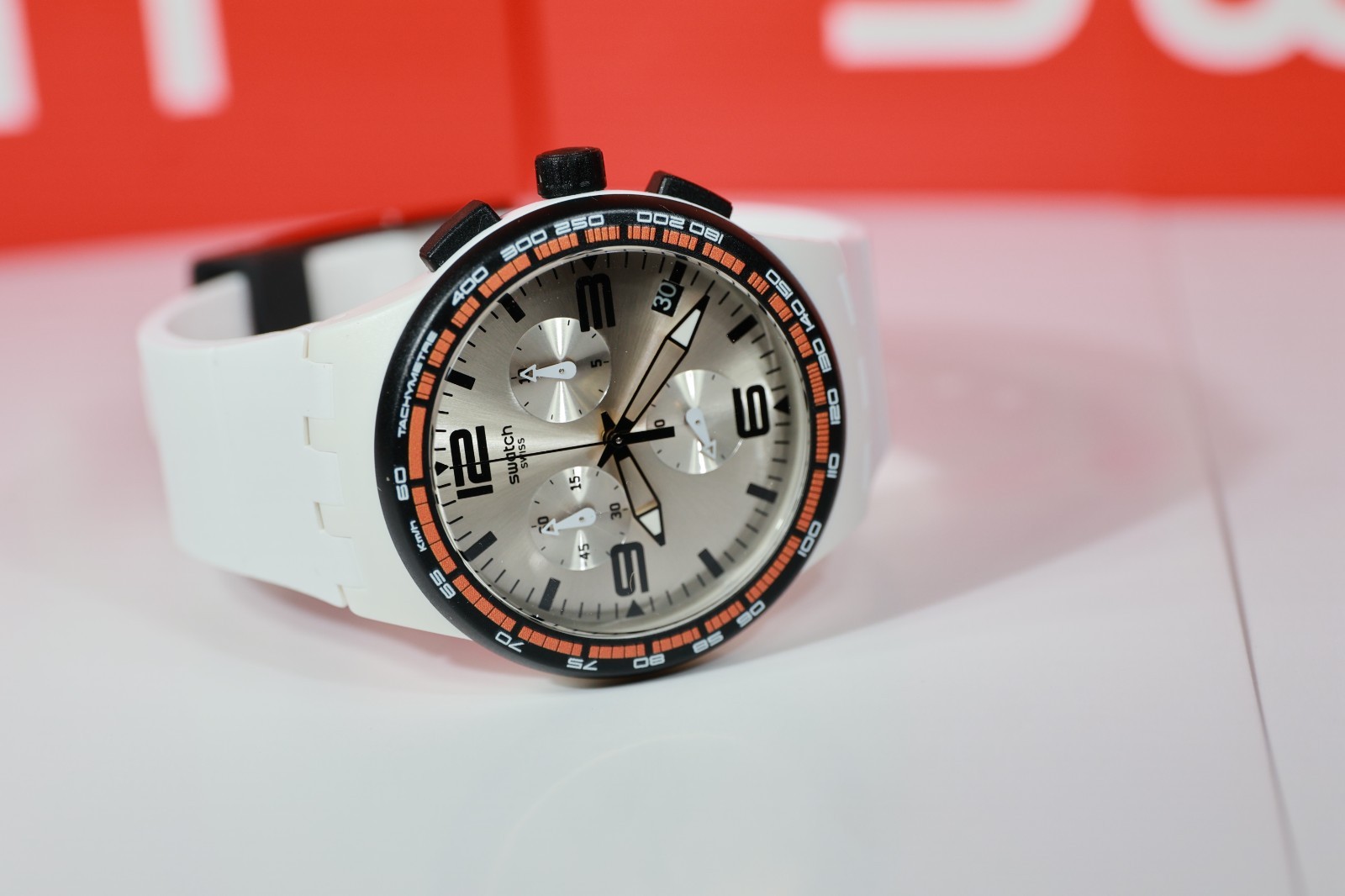 New Swiss Limited Swatch White Blades Chrono Silicone Date Watch 42mm SUSW405