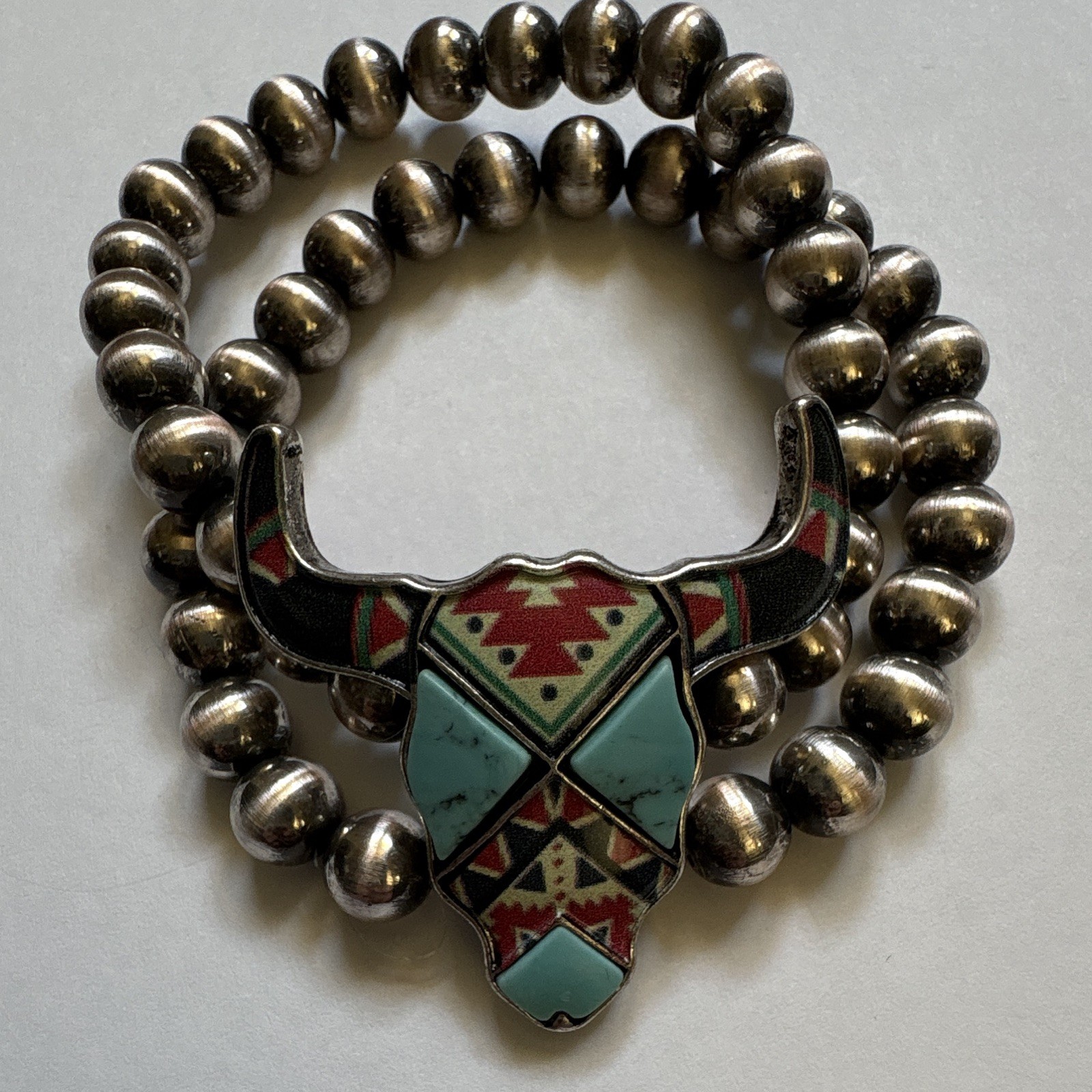Southwestern Silver Tone Beaded Stretch Bracelet Bull Charm Turquoise Inlay