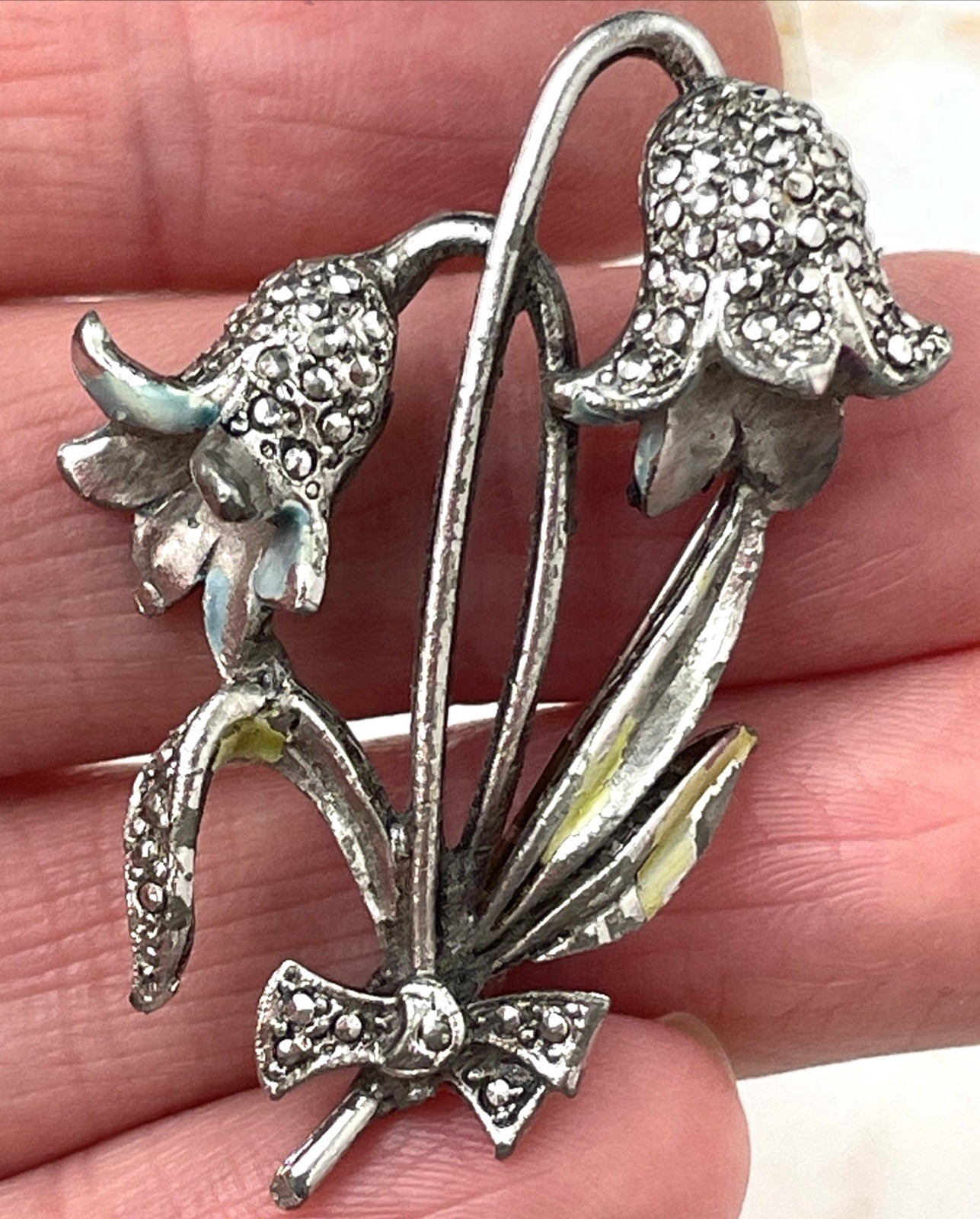 Vintage Marcasite Silver Toned Metal And Enamel Bluebell Flower Brooch – Read