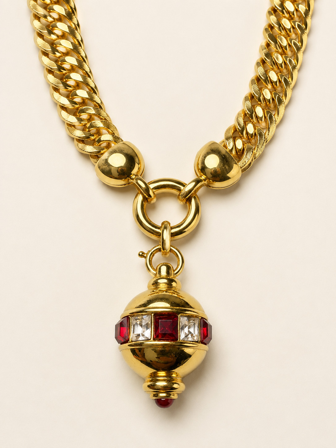 Vintage Gold Tone Chunky Chain Necklace Red Crystal Orb Pendant Statement
