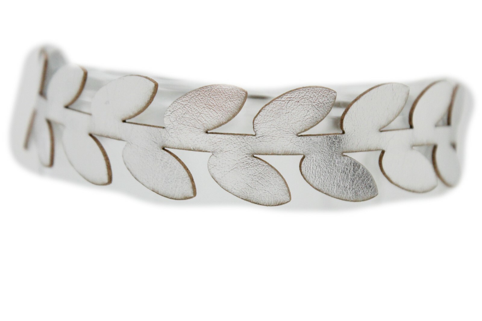 Women Fashion Jewelry Choker Necklace Metallic Silver Faux Leather Leaf Fabric