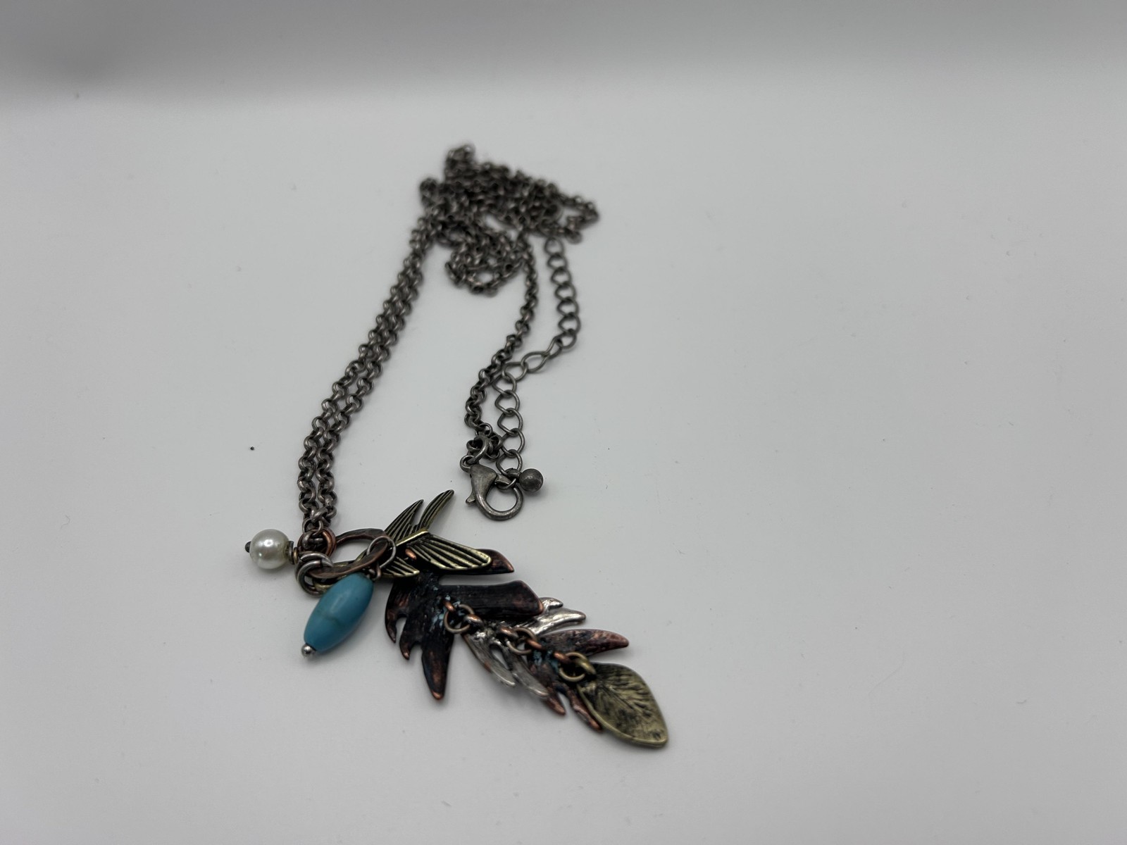 Necklace Silver Tone Leaf Pendant Charm Pearl Turquoise Bead Nature 22 In