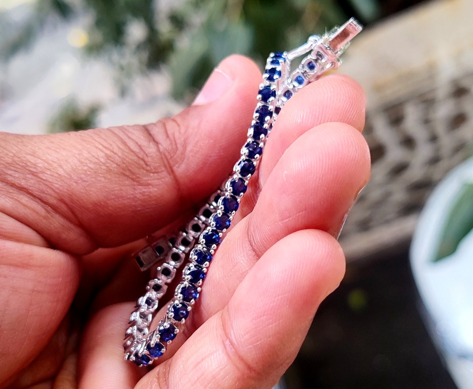 6Ct Lab Created Blue Sapphire Tennis Bracelet 7.5″ 14K White Gold Plated Silver