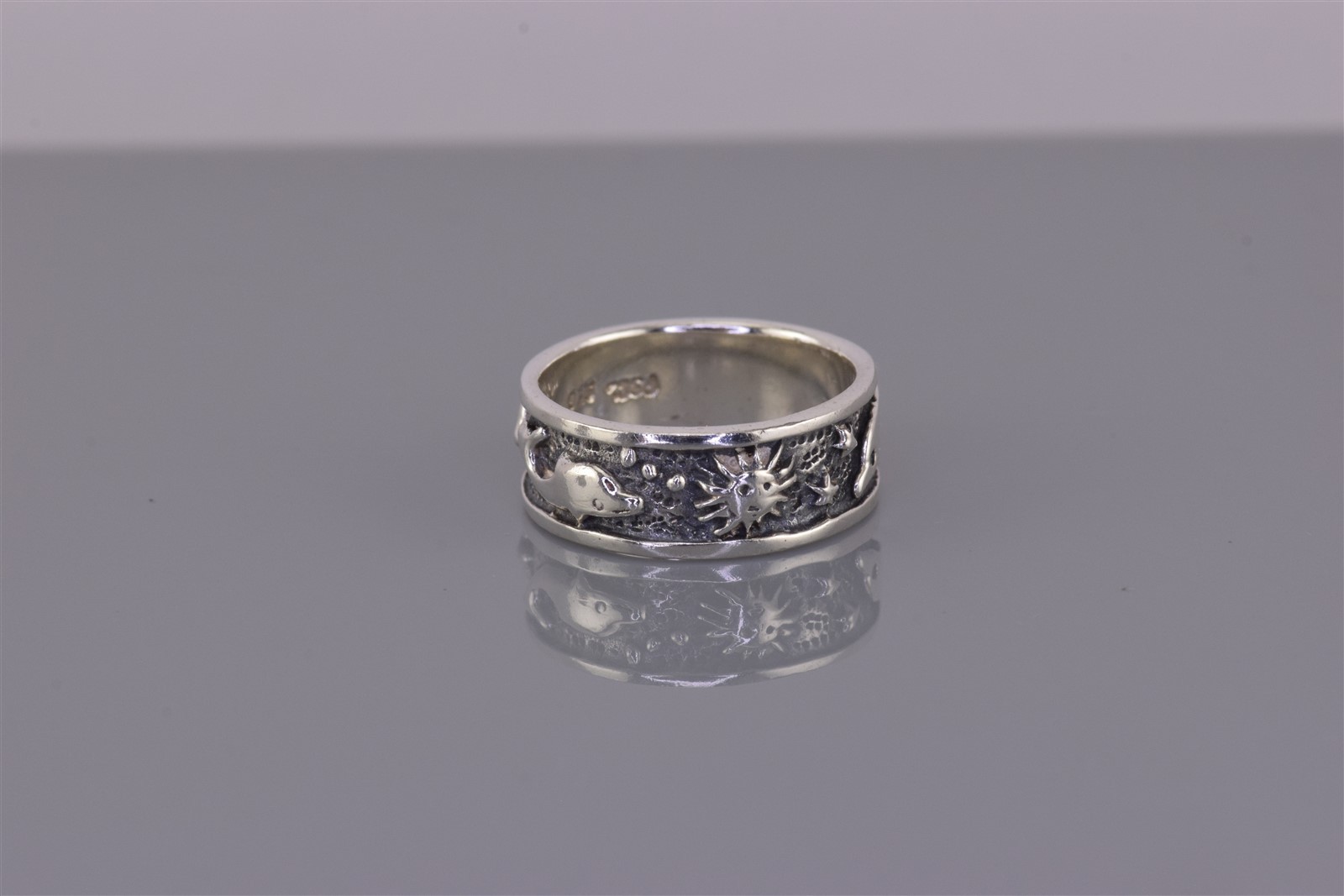 Peter Stone Sterling Silver Sun Stars Dolphins Beach Theme Band Ring 925 Sz: 5