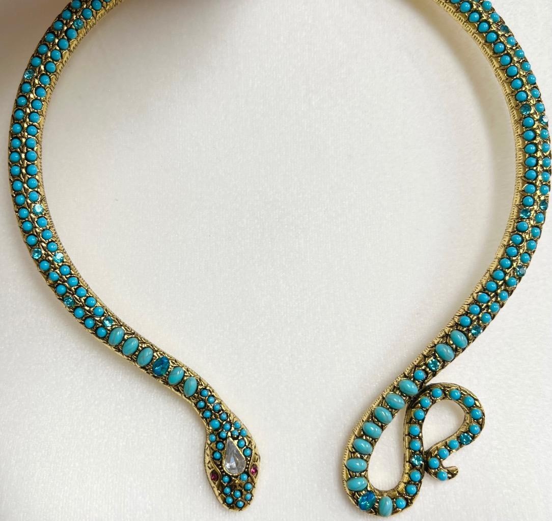 Blue Topaz Turquoise Rhinestone Snake Necklace Wrap Victorian Egyptian Rev. Faux