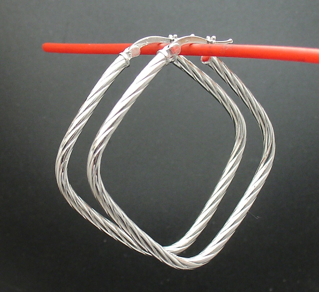 1 5/8″ Twisted Square Round Hoop Earrings Real 925 Sterling Silver