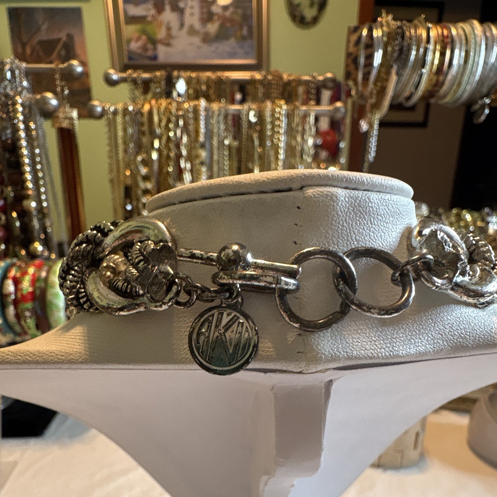 DKNY Silver-Tone Chunky Link Chain Statement Necklace Toggle Round Charm Signed