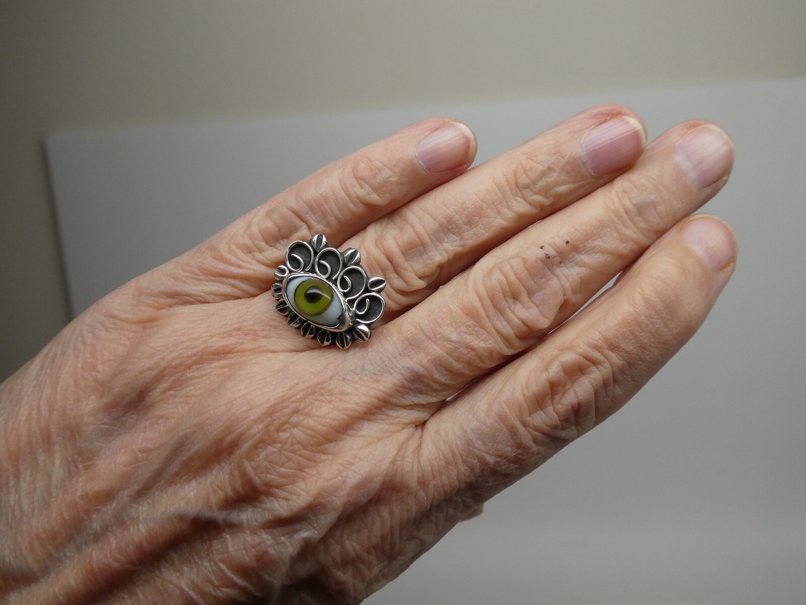 Green Evil EYE Sterling Silver 925 Taxco Mexico RING Adjustable Size 7 to 9