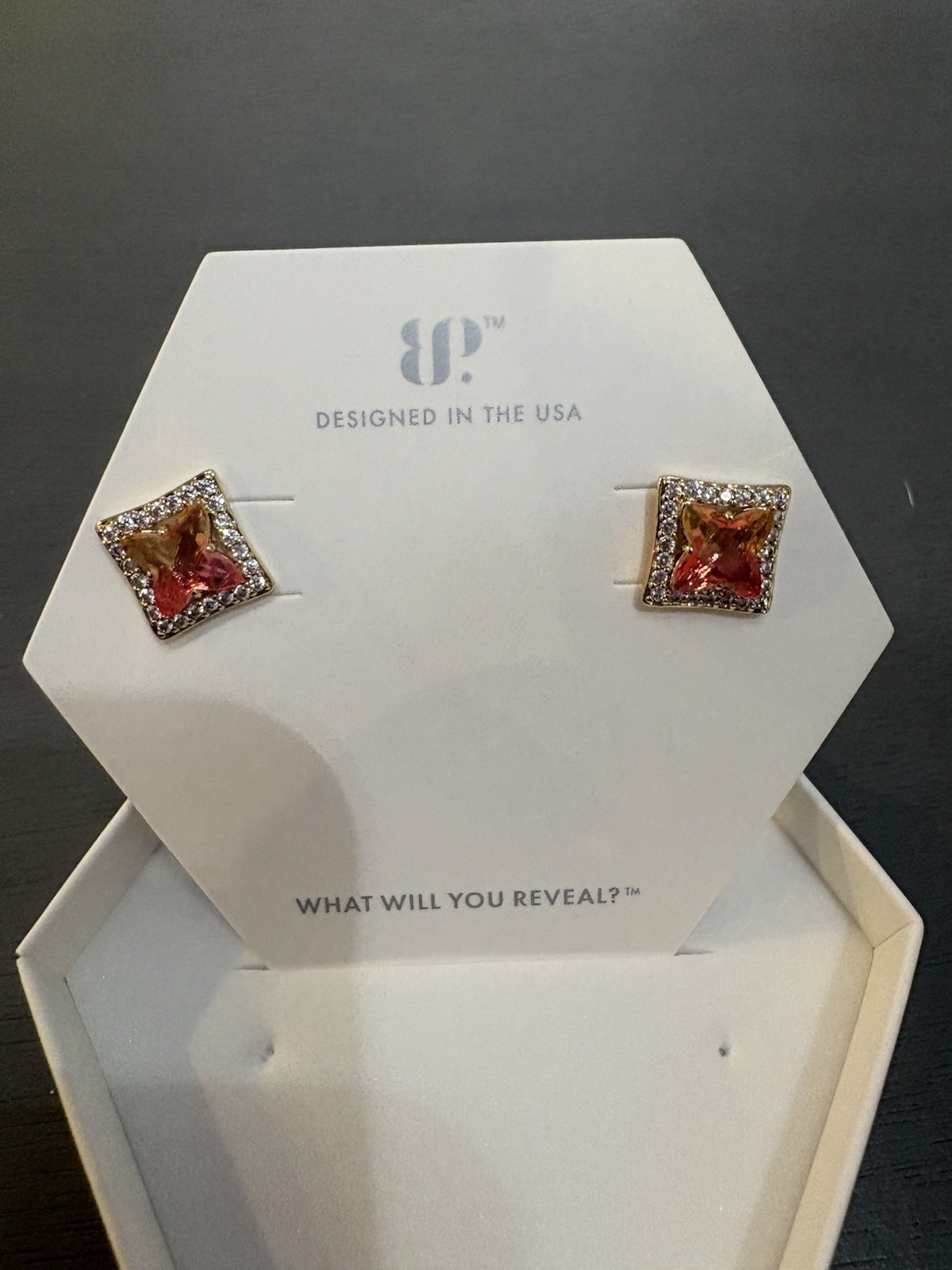 BP ER62352 Princess Halo Stud Earrings Lab-Created Pink/Yellow Tourmaline Gold