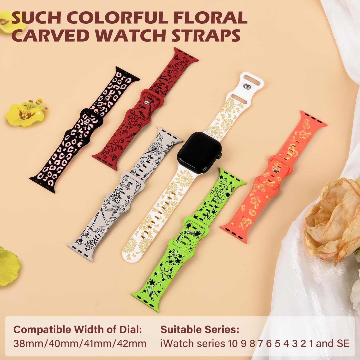 Floral Engraved Watch Bands 2 Packs, Soft Silicone Bands for Women Apple Watch B