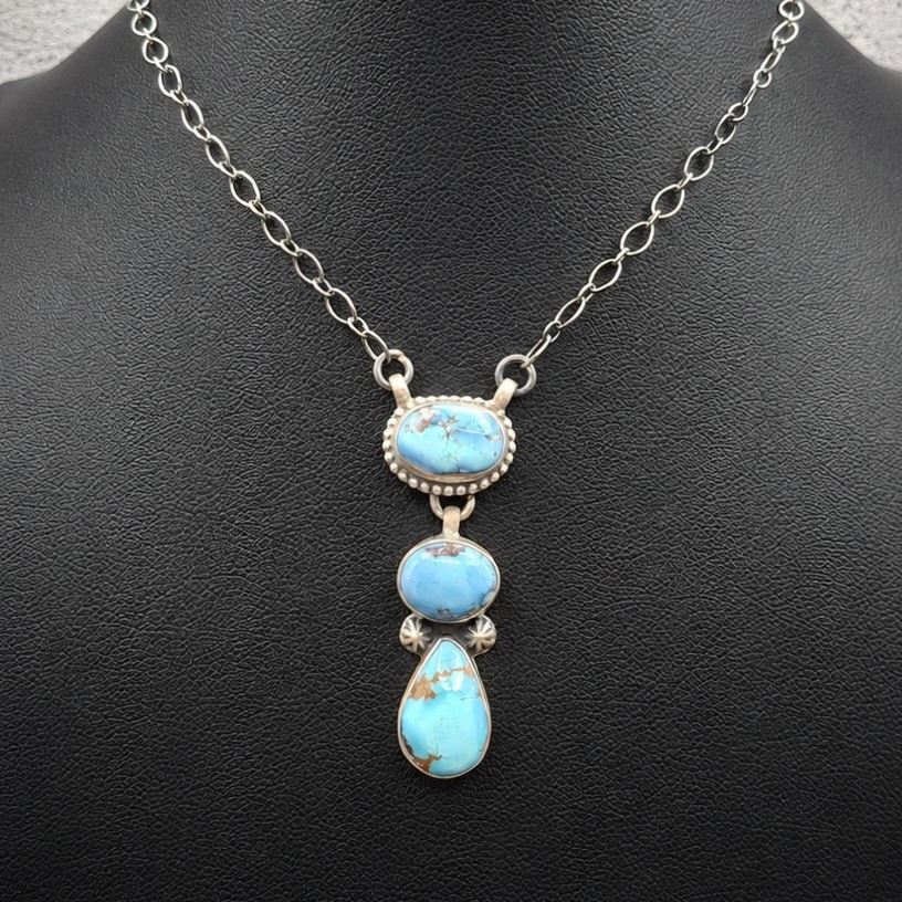 Golden Hills Turquoise Necklace Sterling Silver 3 Stone 14-20″ Southwestern