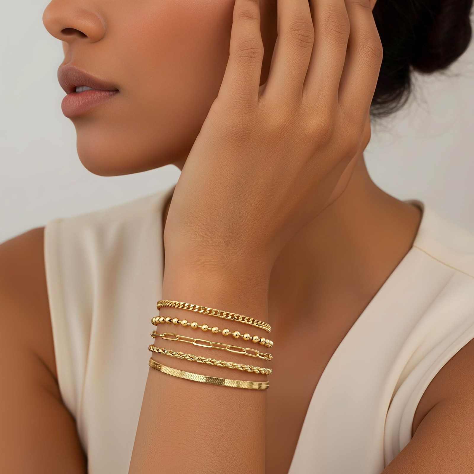 Gold Bracelets Set for Women Stack, Chunky Thick Bracelets Stack for Women Tr…