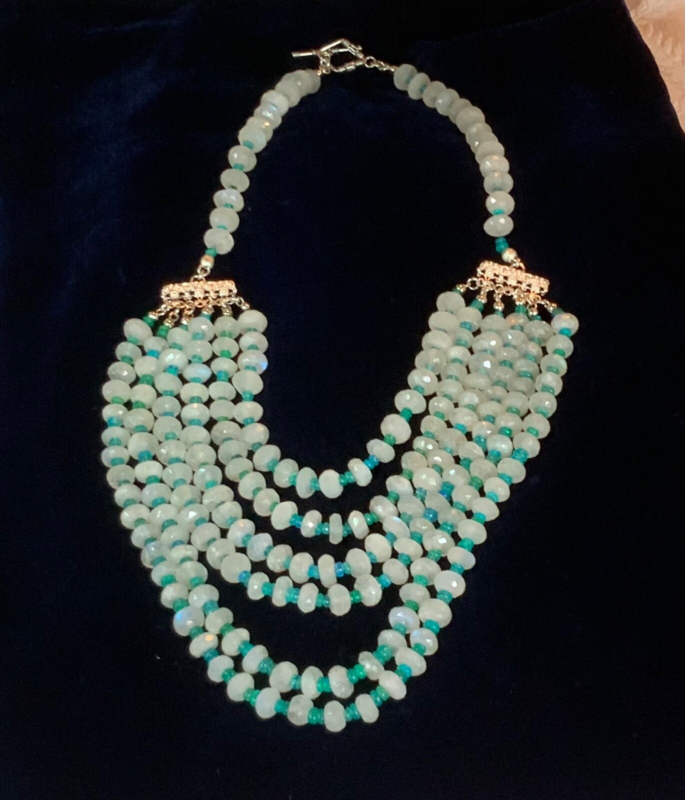 SS .925 MOONSTONE & APATITE 5 STRAND NECKLACE EARRINGS AND SET NEW DESIGN