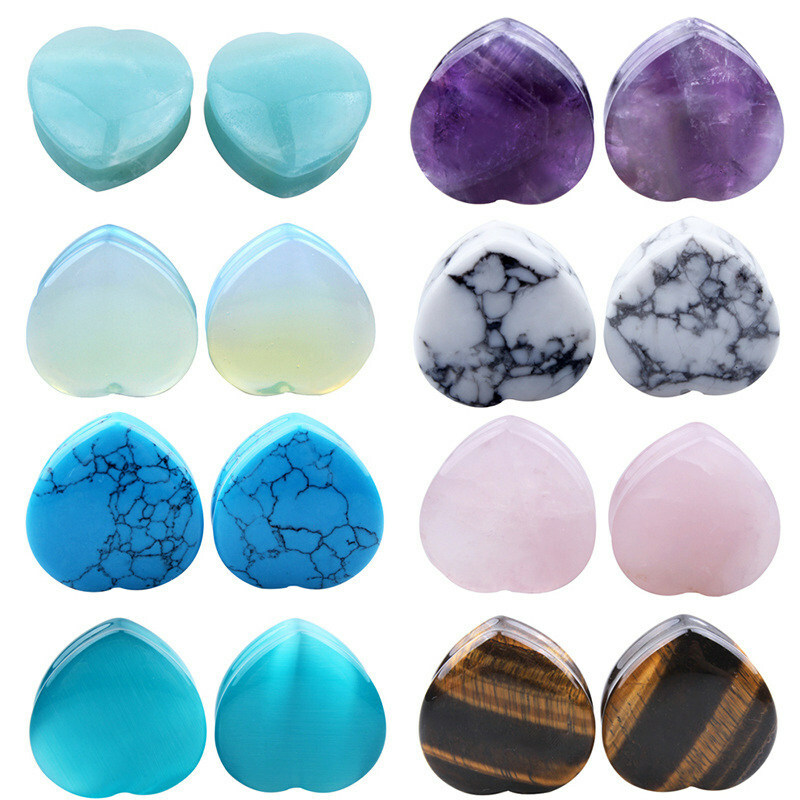 1 Pair Precious Stone Ear Plug Gauge Love Heart Double Flare Saddle Flesh Tunnel