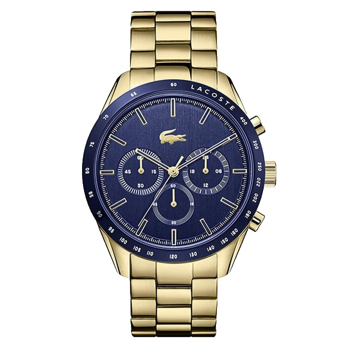 LACOSTE BOSTON CHRONOGRAPH 2011096 BLUE DIAL GOLD BRACELET 42MM MENS WATCH