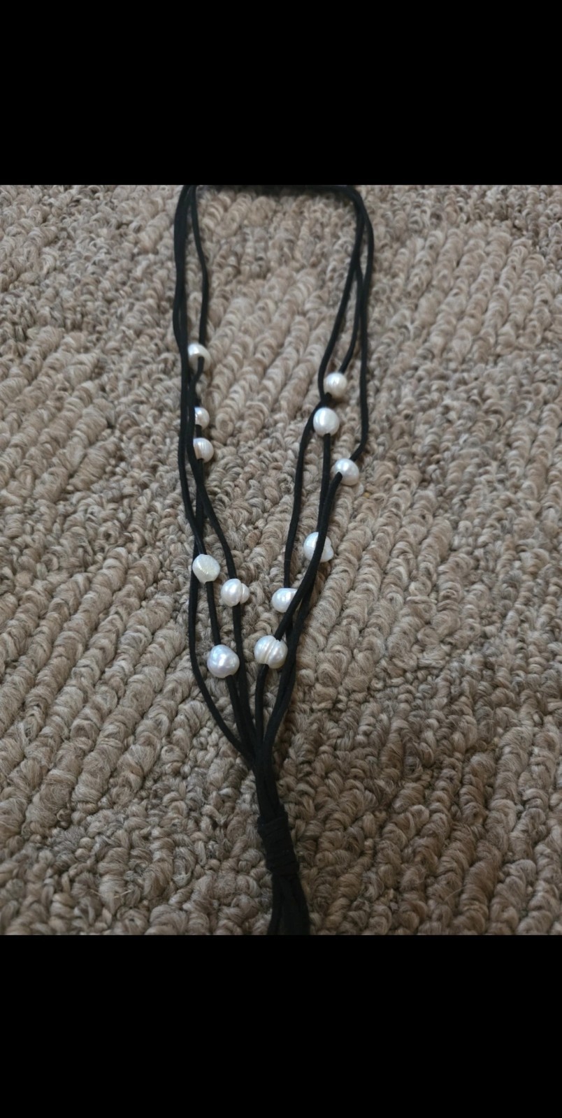 NWT Black Cord Lariat Tassel Necklace w/ White Imitation Pearl Beads