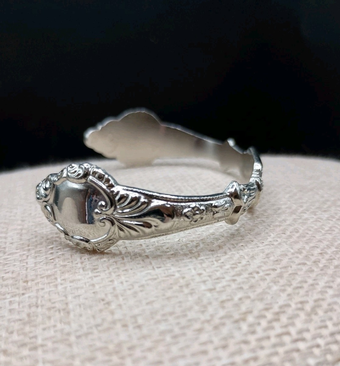 Vintage Spoon Cuff Bracelet ID Engravable Silver Tone Floral Size 5-7 Adjusts