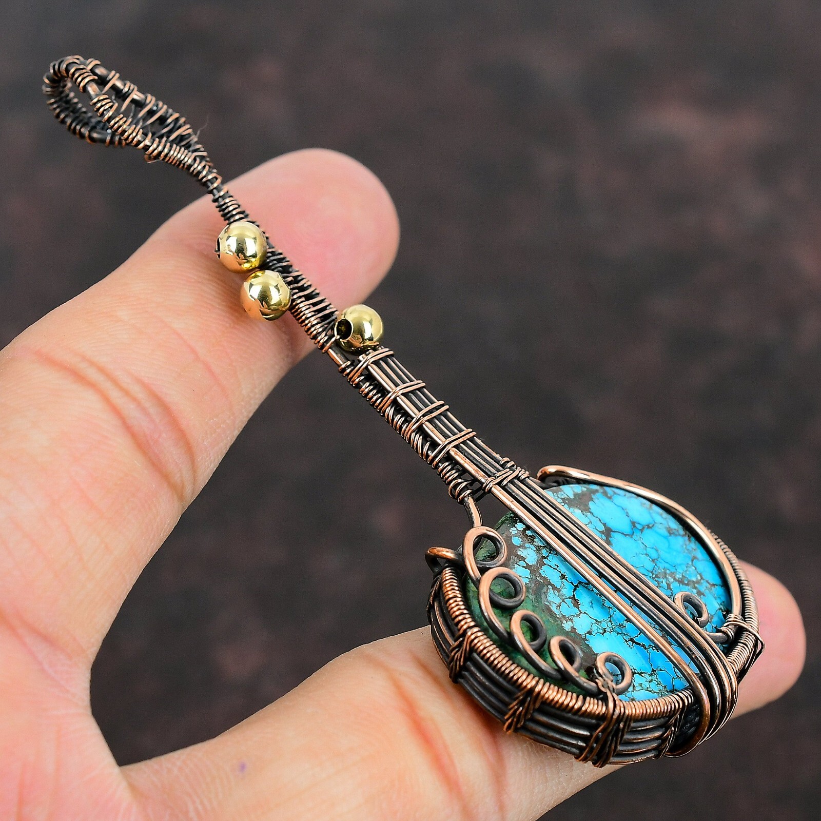 Tibetan Turquoise Copper Love Gift Wire Wrapped Guitar Pendant 3.58″