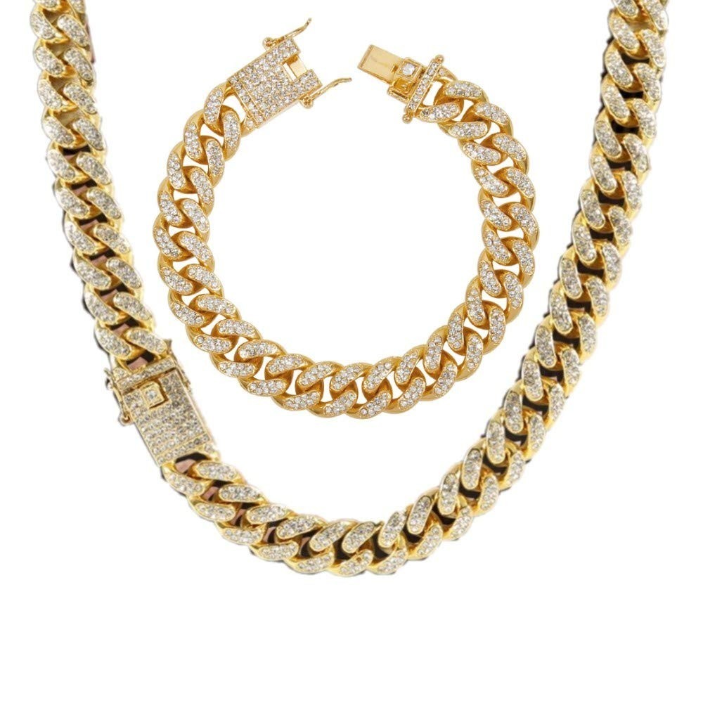 Cuban Link Chain Set for Men 12/14/20mm – 18K Gold Plated, Iced Out Necklace & B