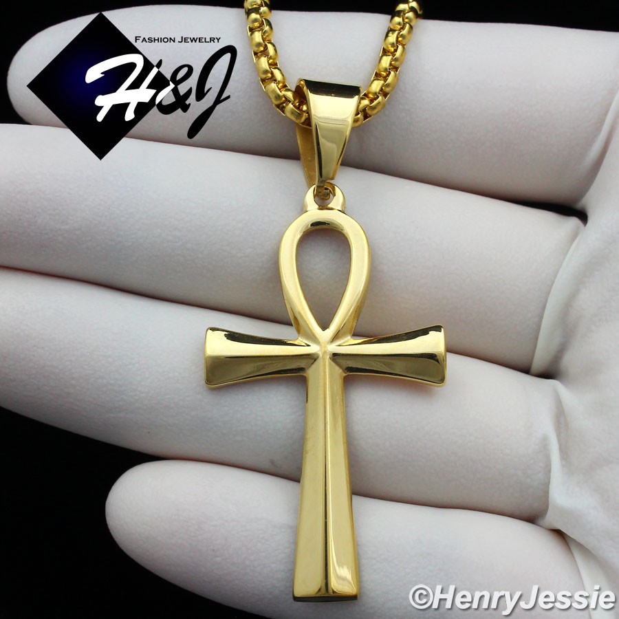 18-36″MEN Stainless Steel 3mm Gold Plated Box Chain Ankh Key Cross Pendant*GP106