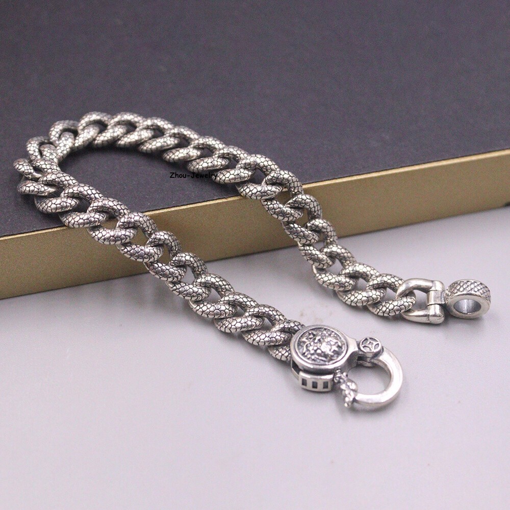 Real S925 Sterling Silver Chain 9mm Dragon Scale Curb Link Bracelet 34-35g 7.9in