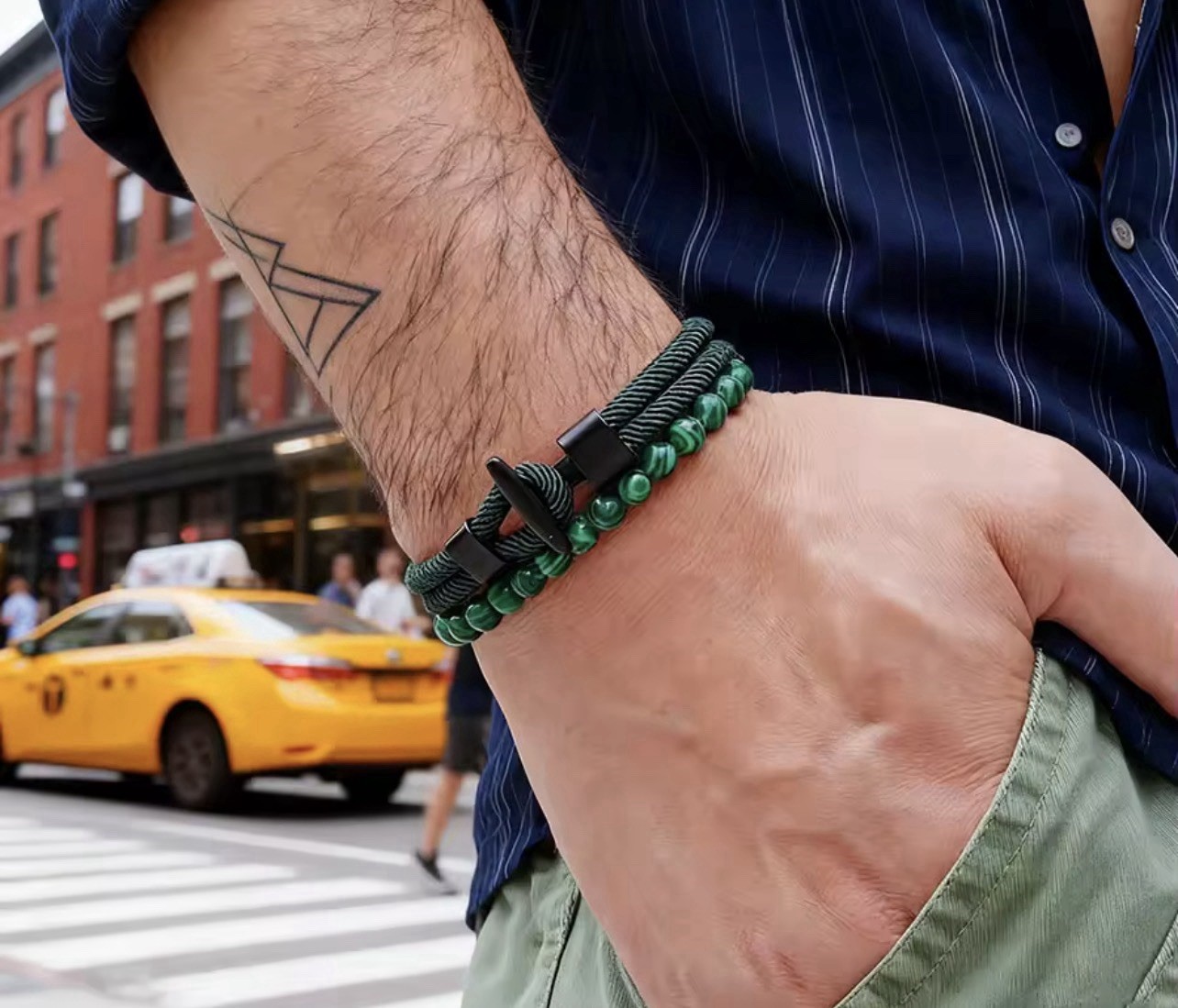 Men’s bracelet set with anchor, 6mm beads, and double cord, Green Color, 20.5cm.