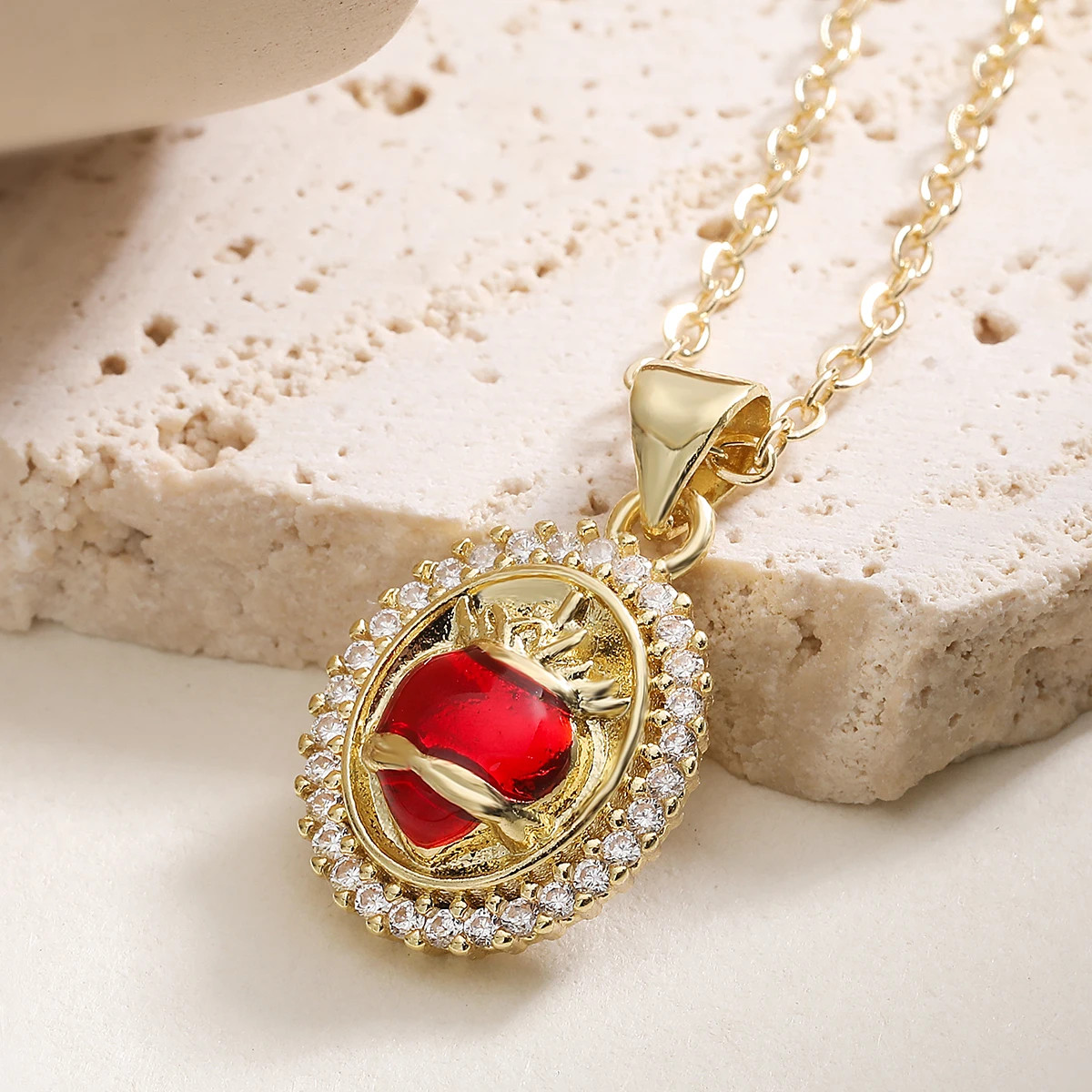 Brass Sacred Heart Red Crystal Necklace Gold Plated Cross Zircon Oval Pendant Ne