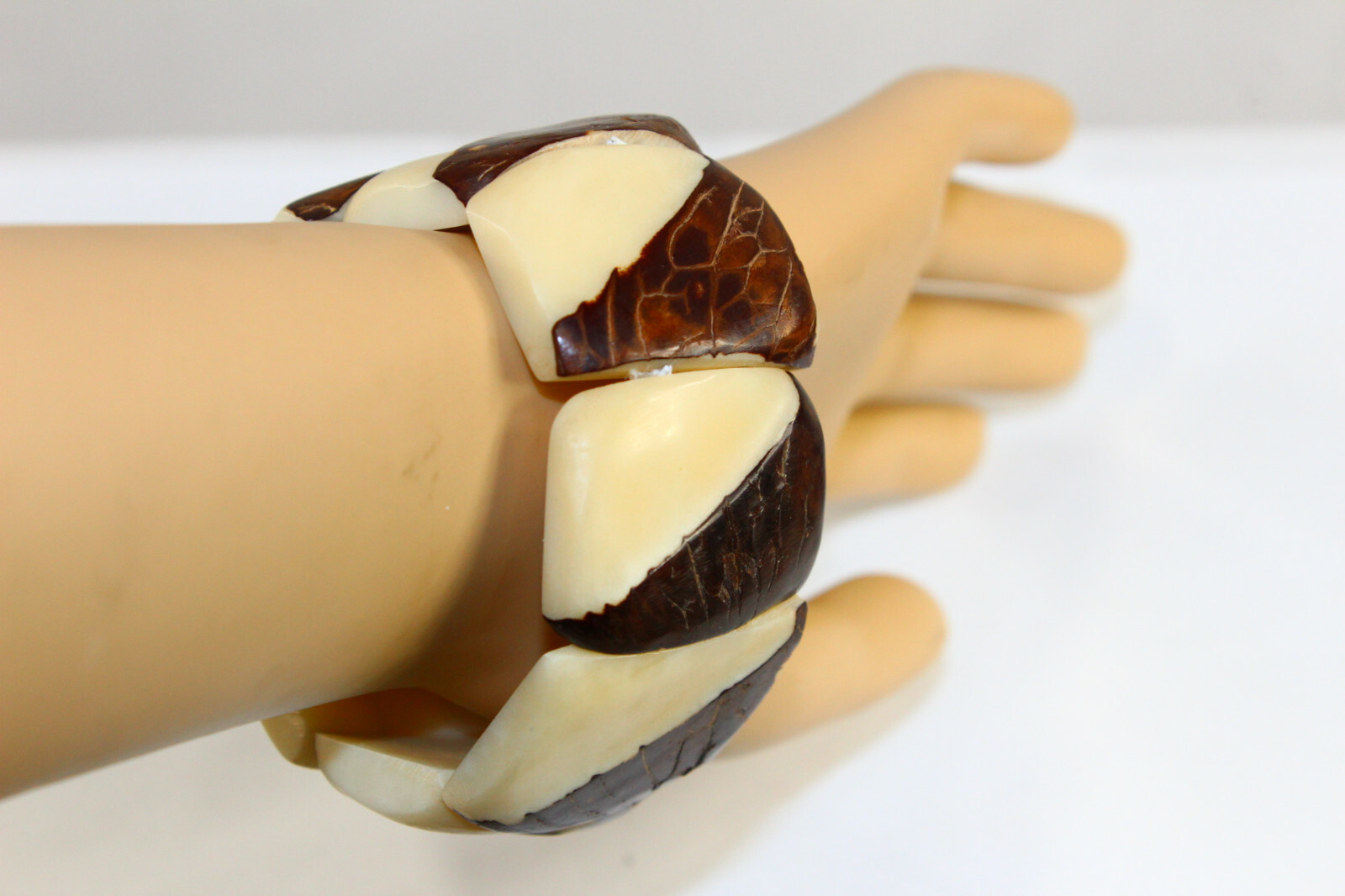 Wide Dark Brown White Cream Plastic Stretch Bracelet Thick Statement Jewelry