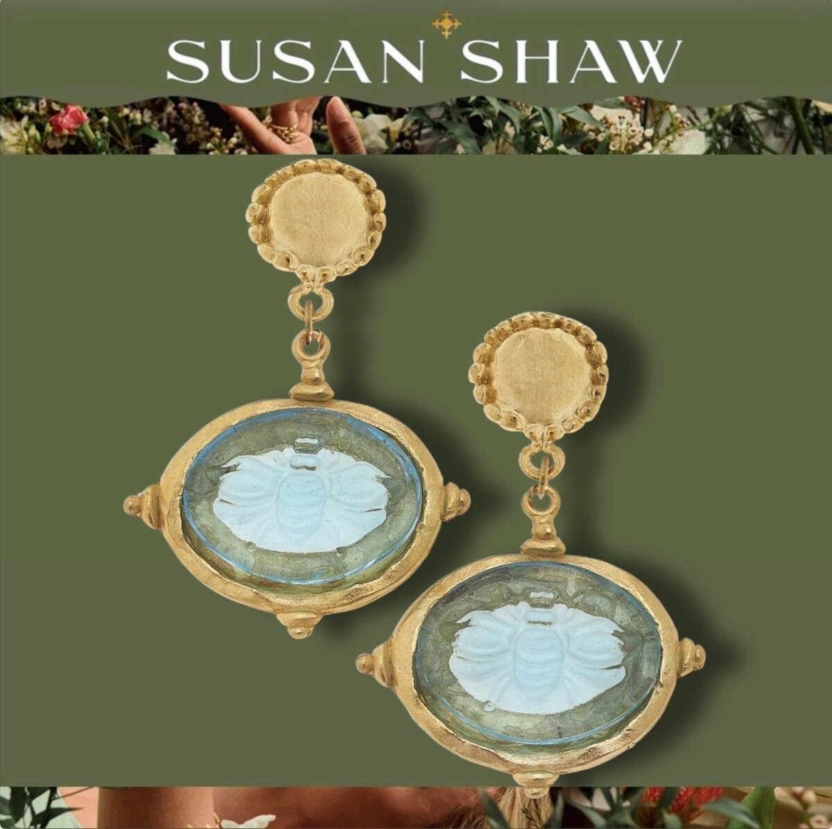Susan Shaw Earrings Venetian Glass Intaglio Bee Cab 24K TPG Jewelry Gift