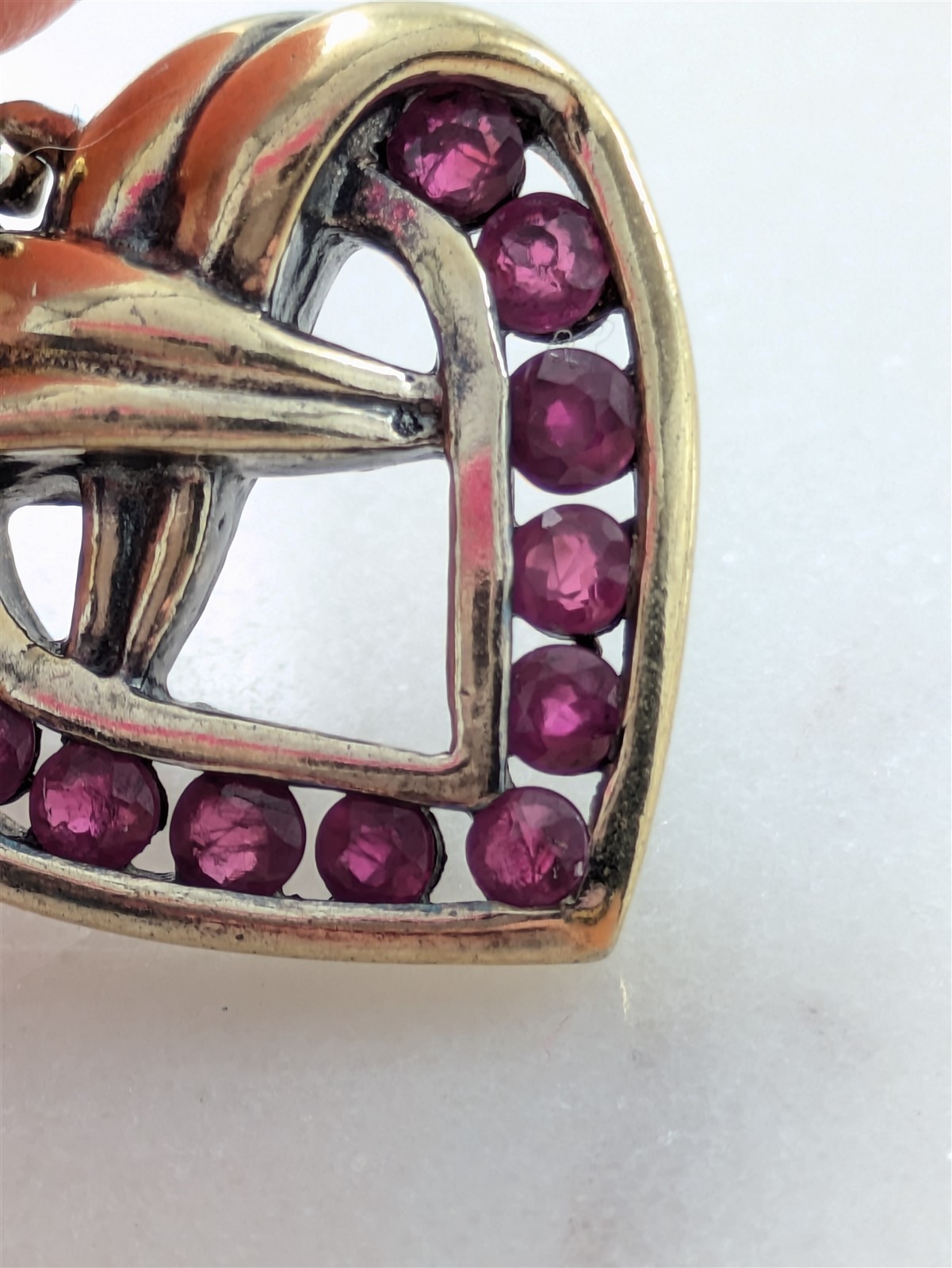 Vintage Solid Sterling Silver Gold Color Heart Pendant Red Gemstones 3 Grams