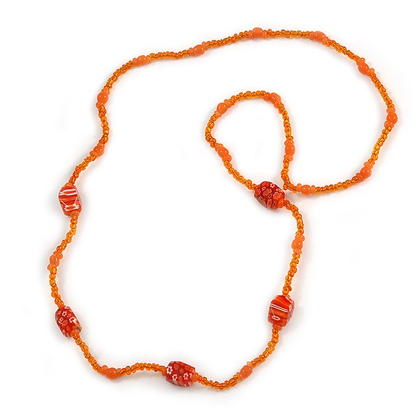 Orange Glass/ Ceramic Bead Long Necklace – 82cm Long
