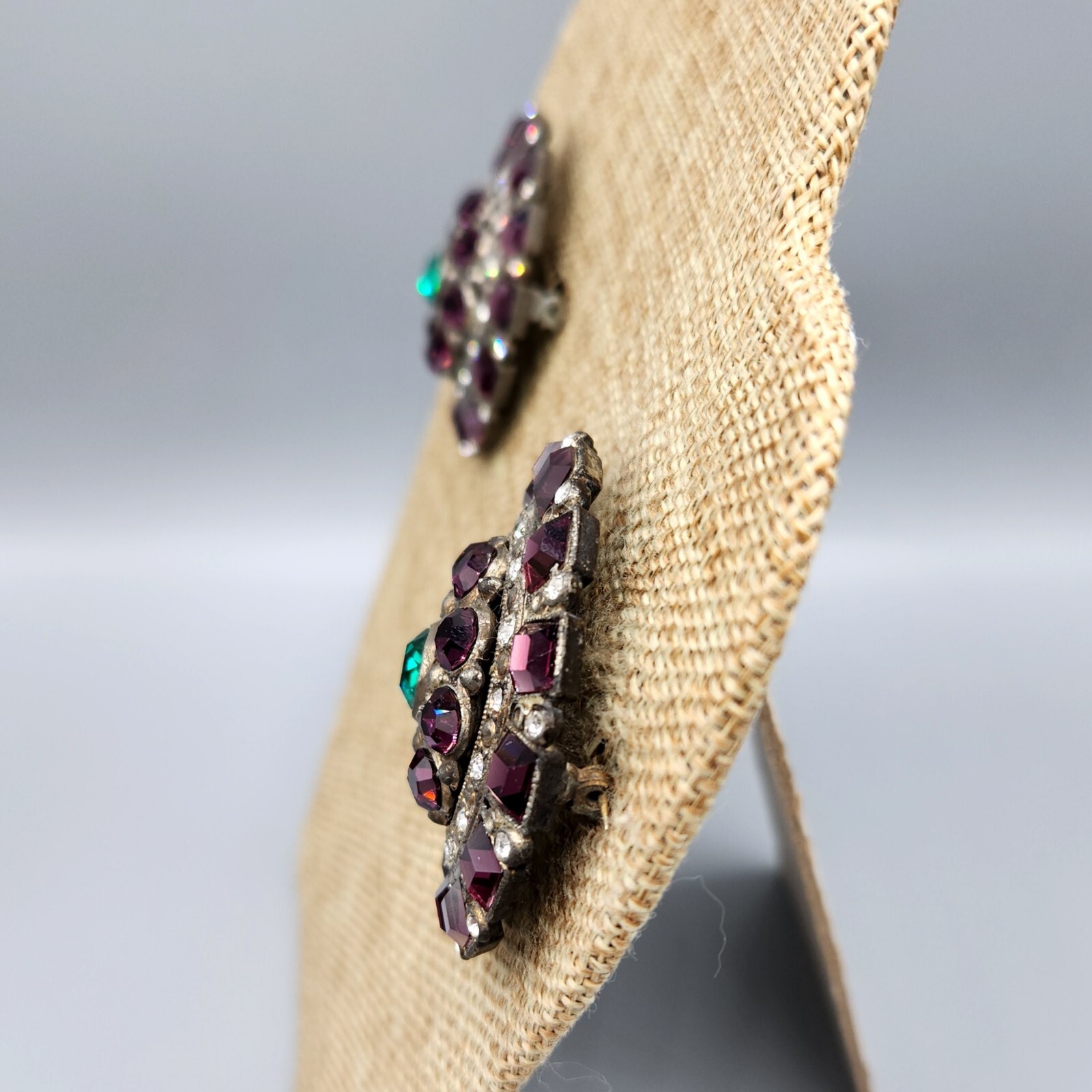 1930s Pair Purple Green Rhinestone Pot Metal Large Round Brooches Coat Pins