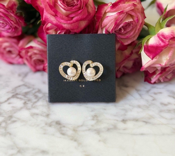 NEW Secret Box Boutique Heart Pearl Pave Earrings Gold Plated